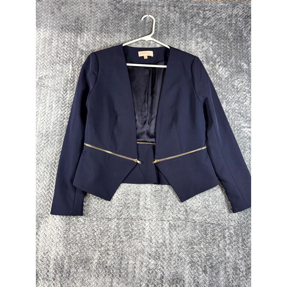 Philosophy Republic Blazer Womens 8 Blue Stretch Formal Gold Zippers‎ Open Front